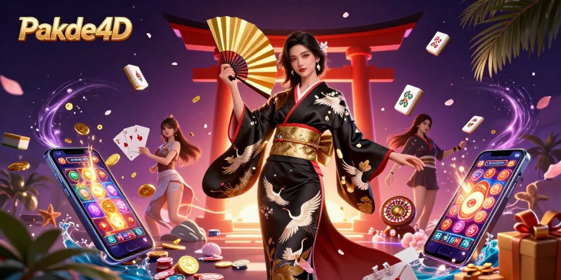 Pakde4D showcases vibrant gambling action with a photorealistic scene filled with slot games, Mahjong tiles, and a beautiful Asian character.