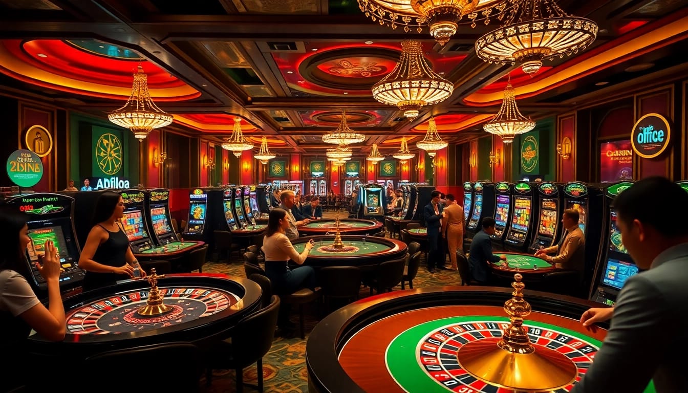 L'ambiance vibrante du meilleure casino en ligne avec des joueurs enthousiastes, des tables de roulette et des machines à sous.