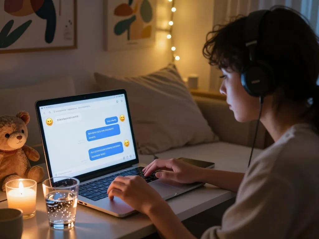 Interactive NSFW AI chat scene with a virtual character in a cozy setting.