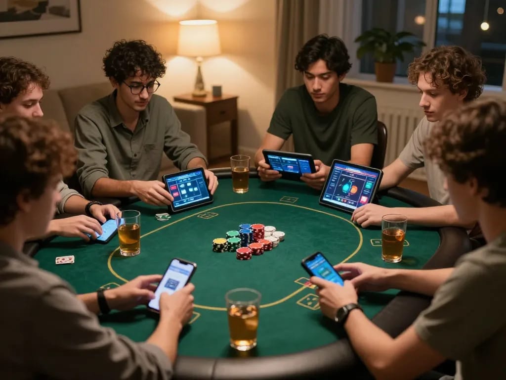 Engaged players enjoying the rokok88 link alternatif online poker game in a cozy home environment