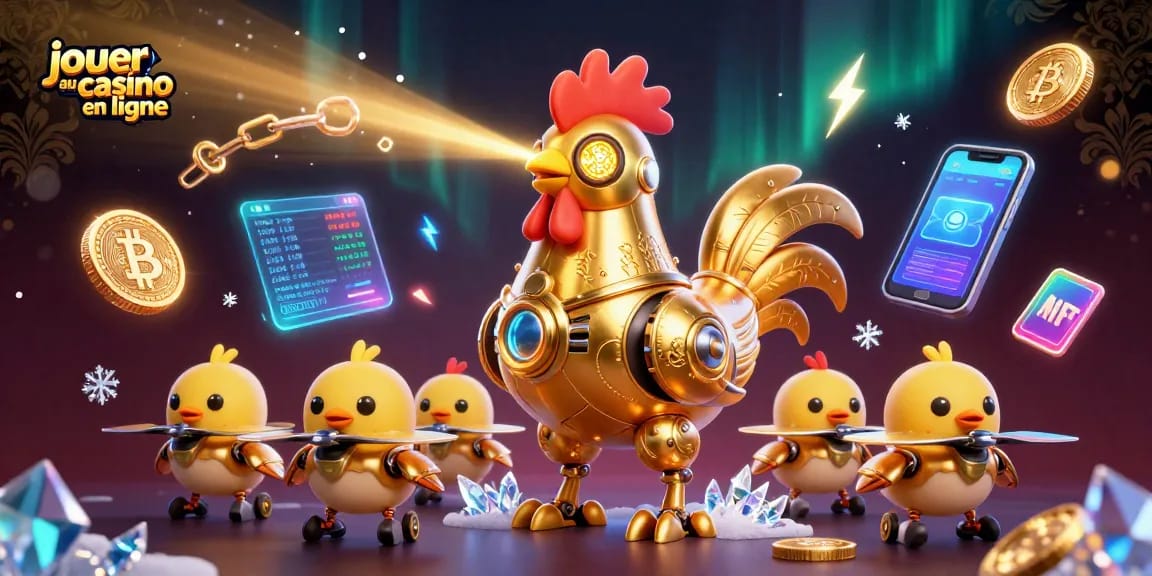 Jouer au casino en ligne avec un robot en or et des drones, entouré de pièces de crypto-monnaies.