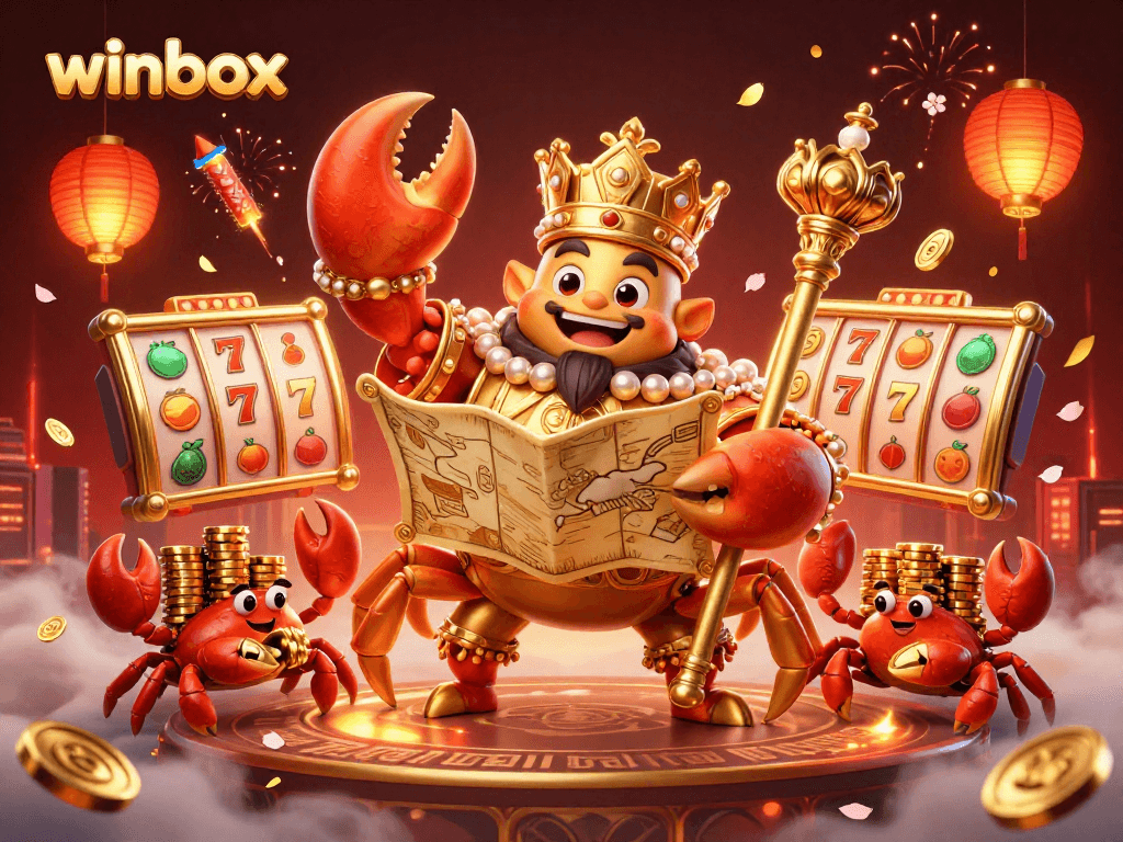 Winbox casino scene with a golden crab emperor, slot reels, and festive elements