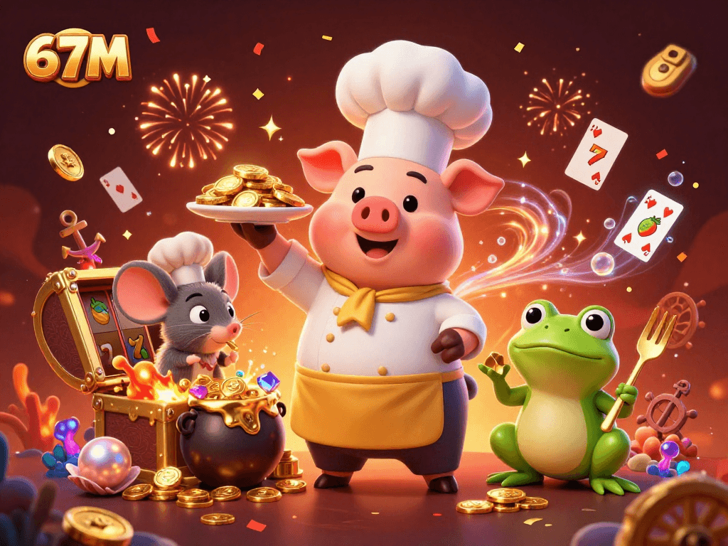 O chef porquinho 67M impressiona com moedas de ouro entre cartas e símbolos de caça-níqueis.
