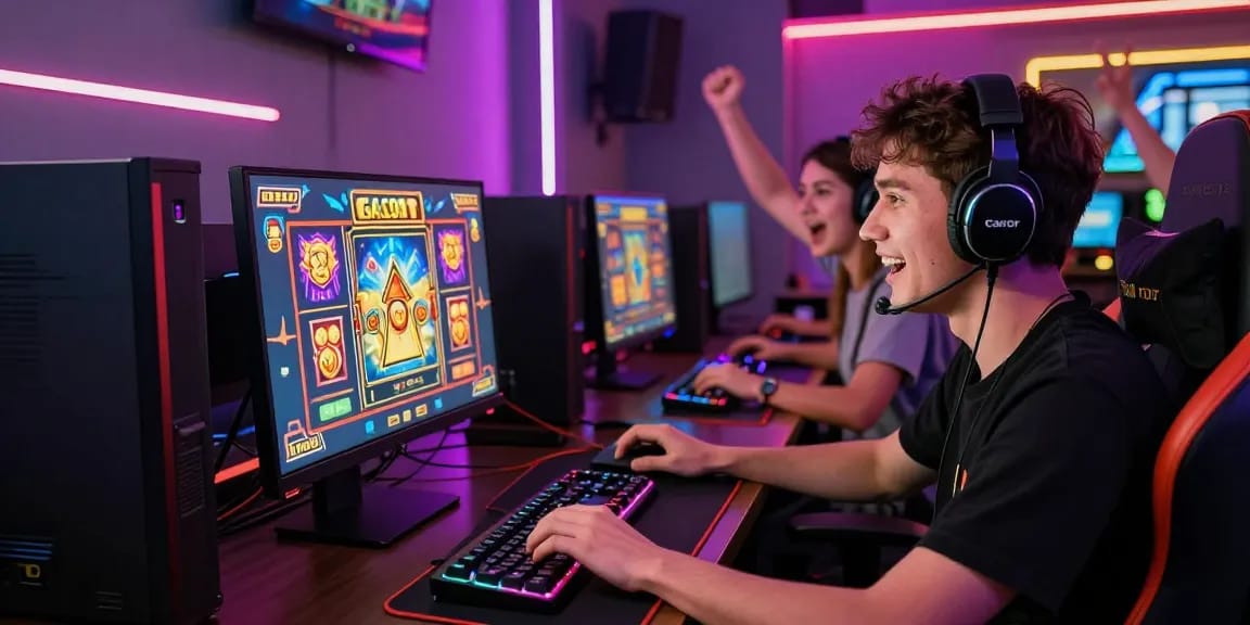 Exciting scene of a young adult engaging with slot gacor games online, highlighting a vibrant gaming setup.