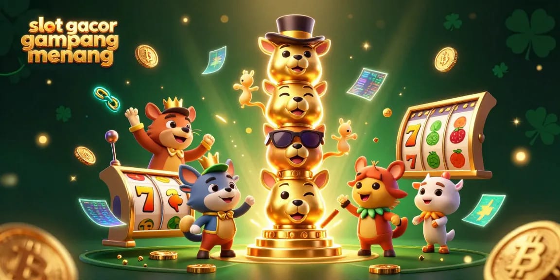 Slot gacor gampang menang menampilkan simbol jackpot dan koin cryptocurrency dalam ilustrasi kasino yang dinamis.