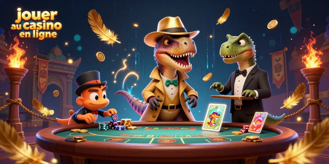 Jouer au casino en ligne avec un velociraptor comptant les cartes dans un casino animé, une scène dynamique et colorée.