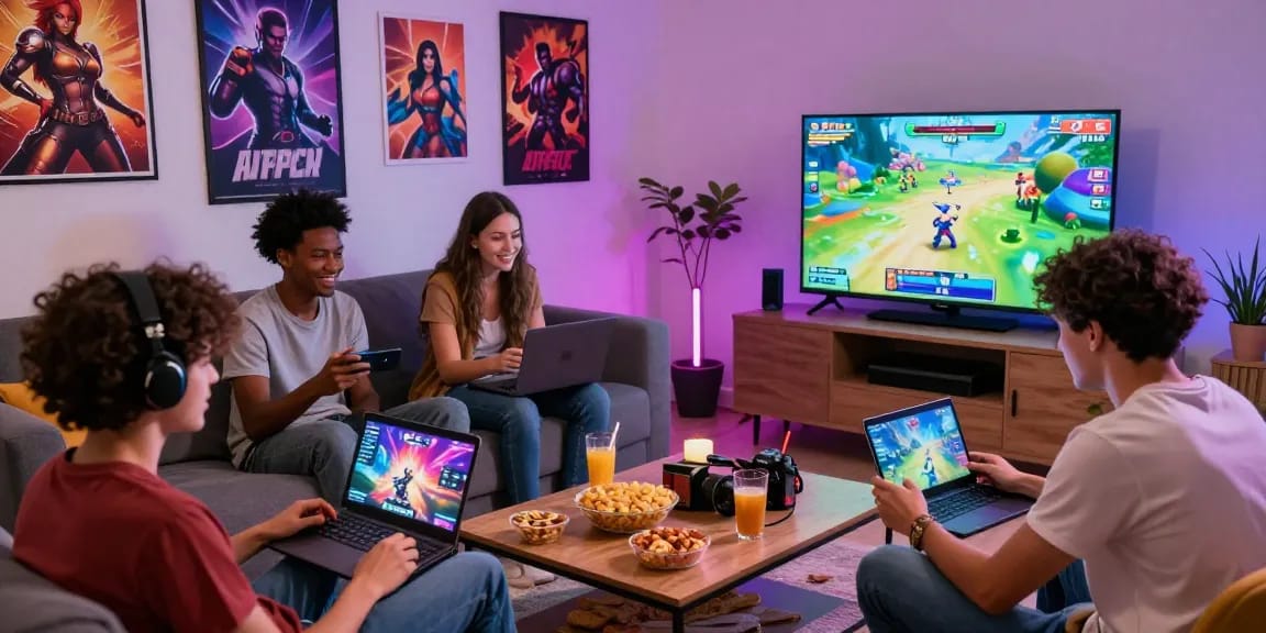 Friends enjoying free porn games on various devices in a cozy living room