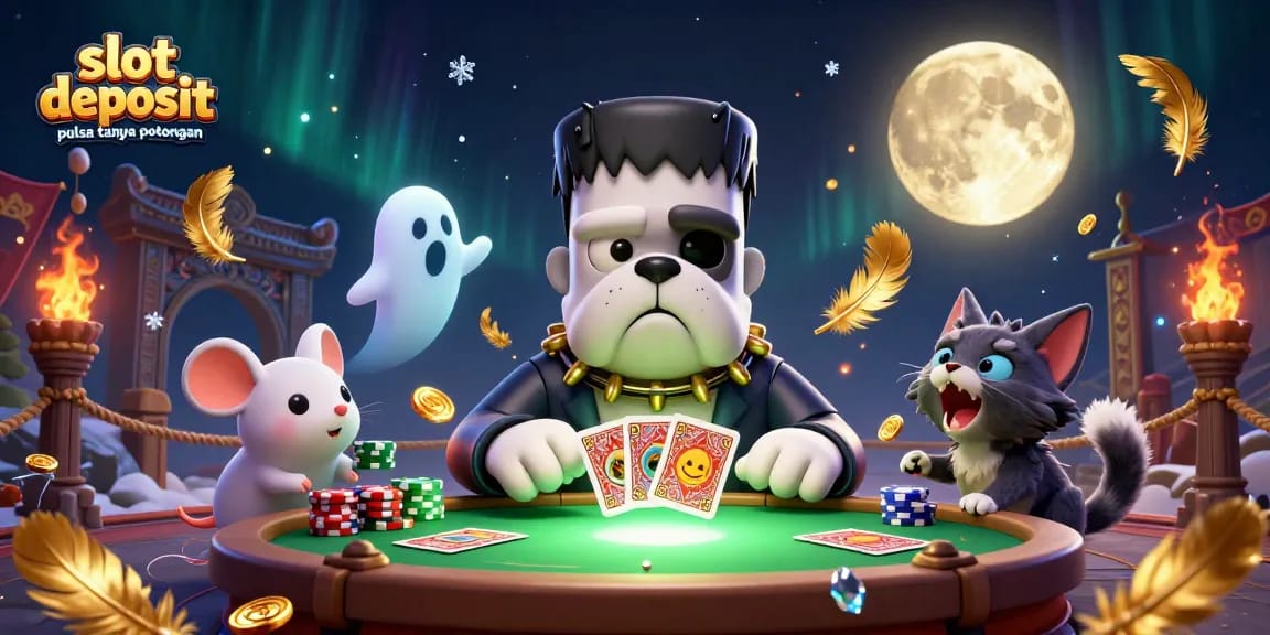 Permainan slot deposit pulsa tanpa potongan dengan karakter kartun baja dan simbol keberuntungan dalam ilustrasi 3D yang mengesankan.