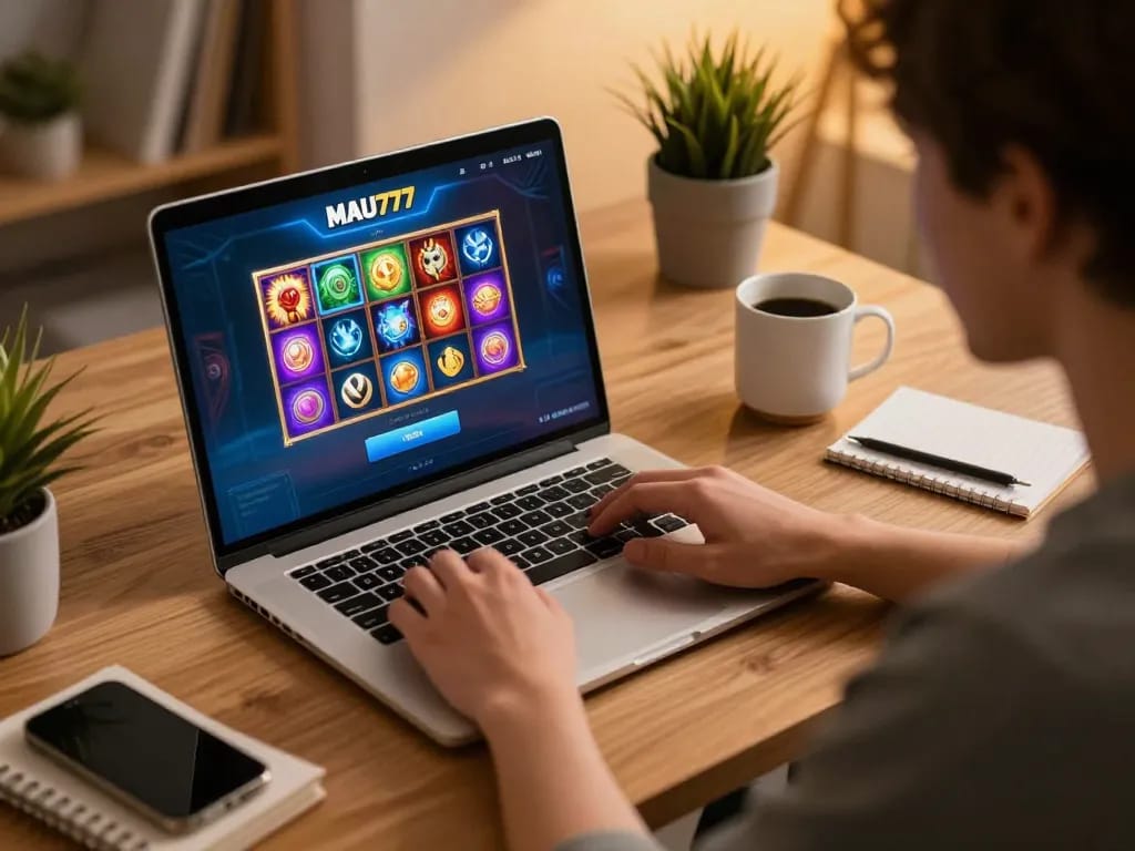 Experience the thrill of online gaming with MAU777 login, featuring vibrant slot games on screen at home.