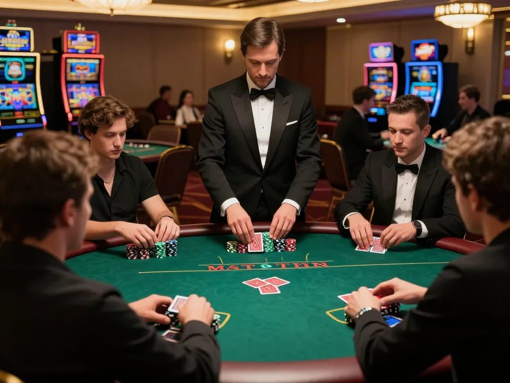 High-stakes poker game showcasing casino online stranieri sicuri atmosphere with players and dealer in action.