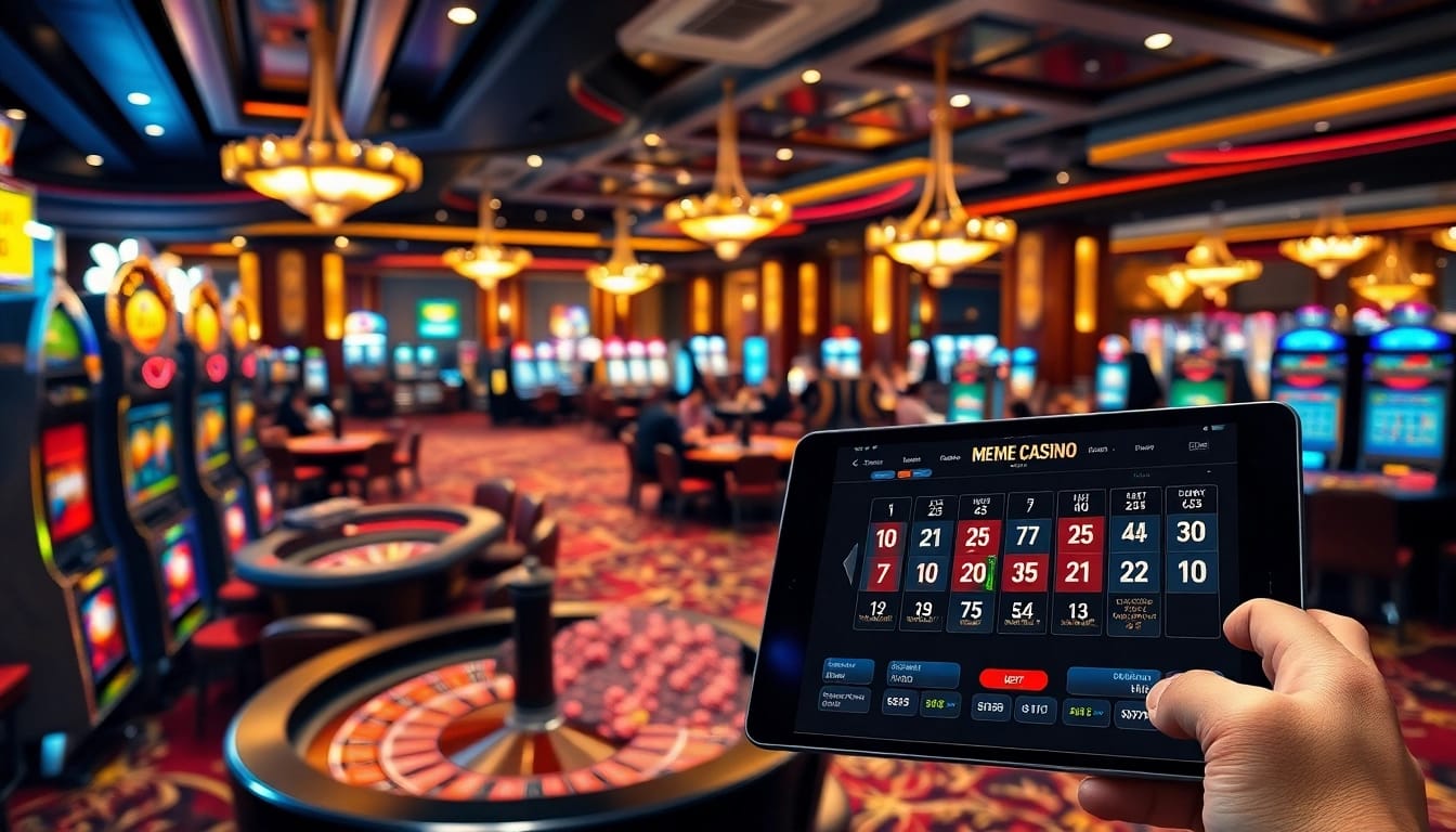 Vivez l'excitation des meilleure casino en ligne à travers une scène de jeu luxueuse remplie de tables de roulette et de jetons de poker.