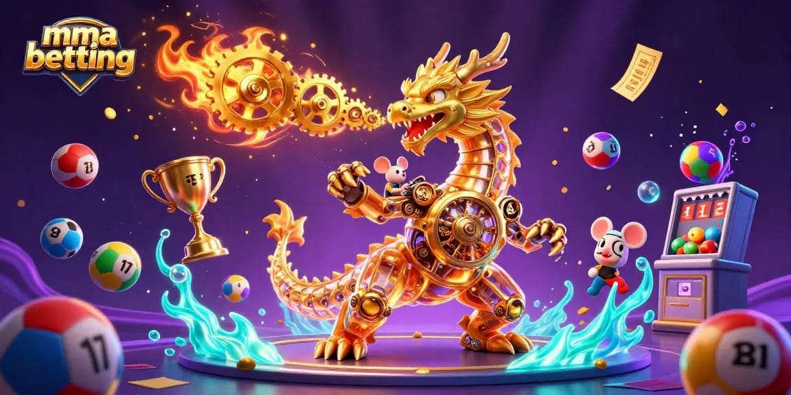 MMA betting scene bustling with action featuring a golden dragon and vibrant sports elements.