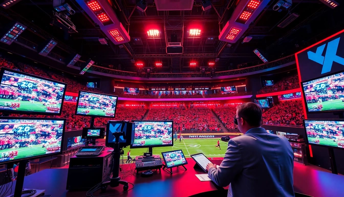 Engaging sports broadcasting studio showcasing dynamic action and commentary setup.