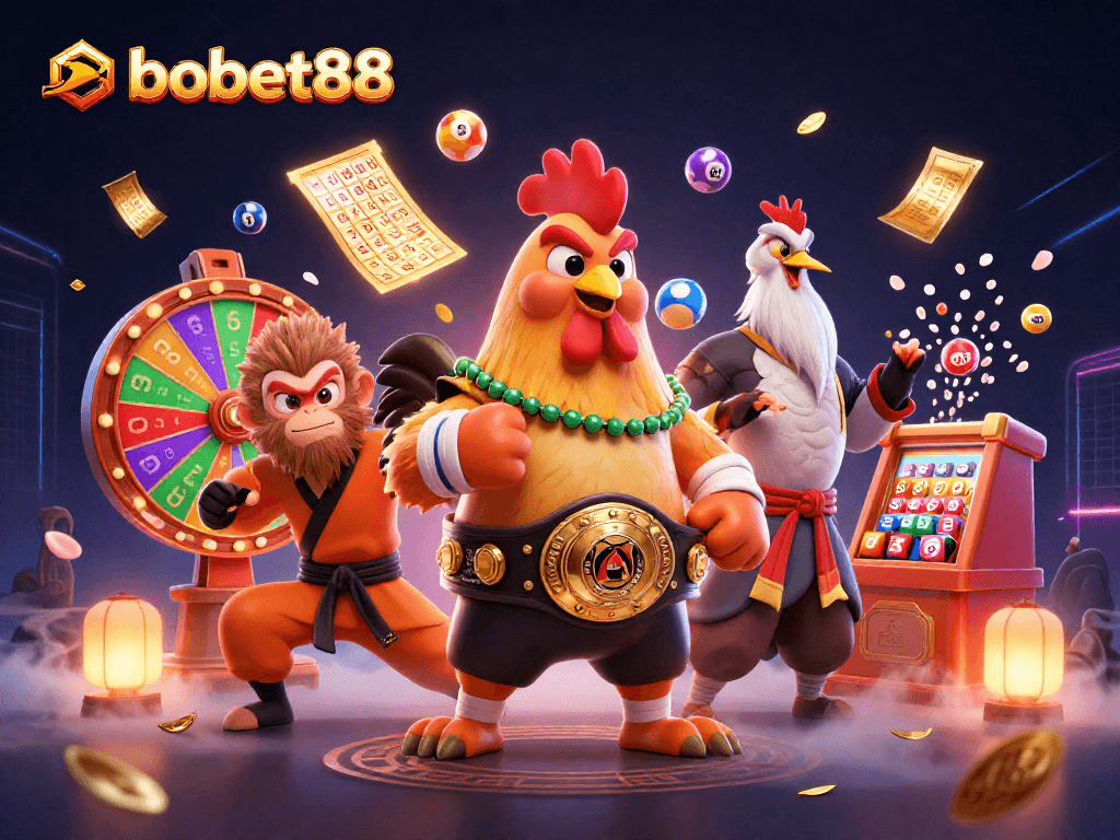 Engage with sbobet88 as a fierce Muay Thai rooster, Shaolin monkey, and wise crane celebrate a vibrant jackpot
