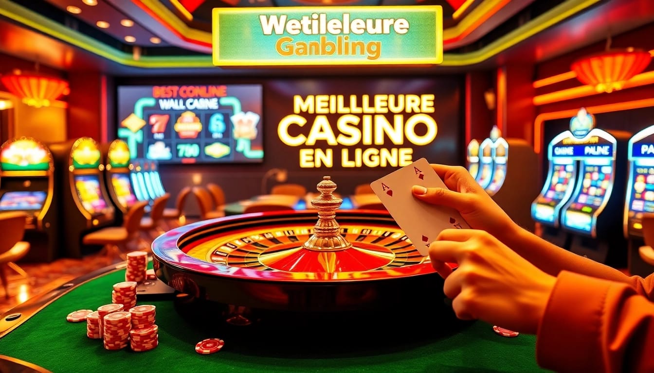 Scène excitante représentant le meilleure casino en ligne avec une table de roulette vibrante et des joueurs profitant des machines à sous.