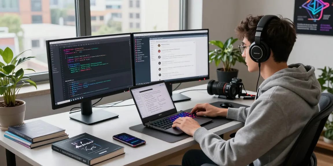 KoboldAI development workspace with dual monitors showing code, programmer engaged in intelligent conversation design.
