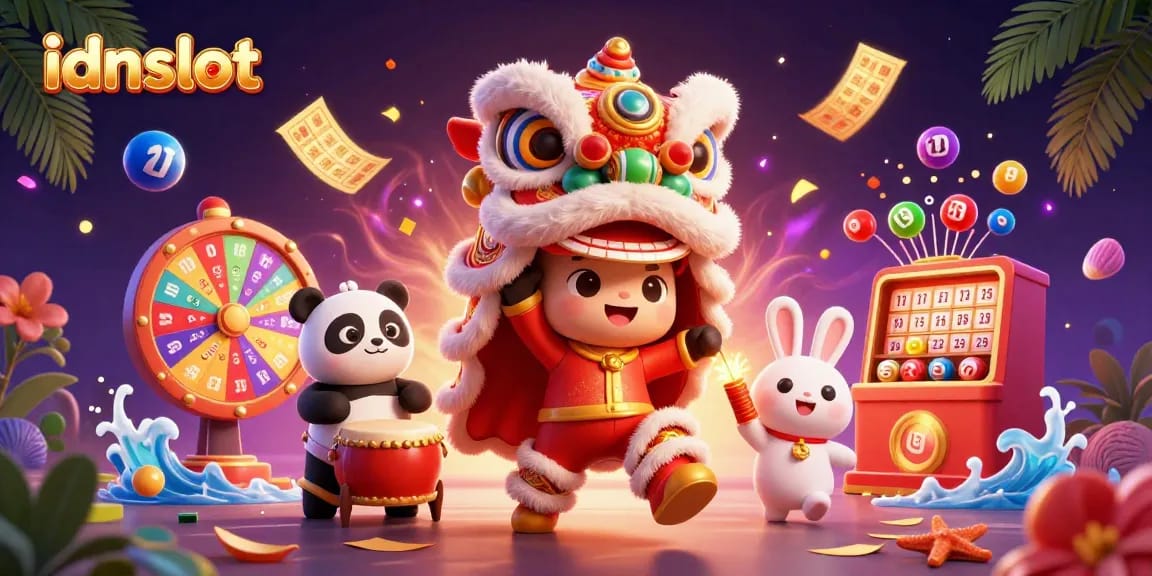 Engage in the vibrant world of idnslot with a lively Chinese New Year celebration featuring a lion dance, drumming panda, and dynamic lottery elements.