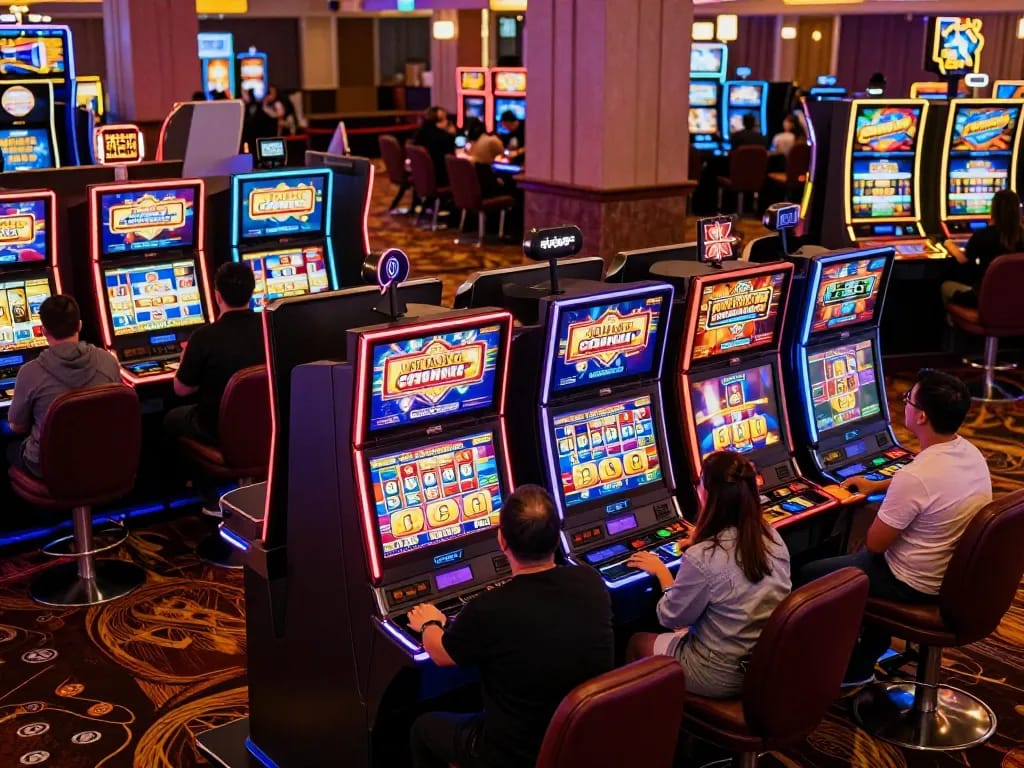 Players enjoying slot gacor games at colorful slot machines in a lively Vegas casino.