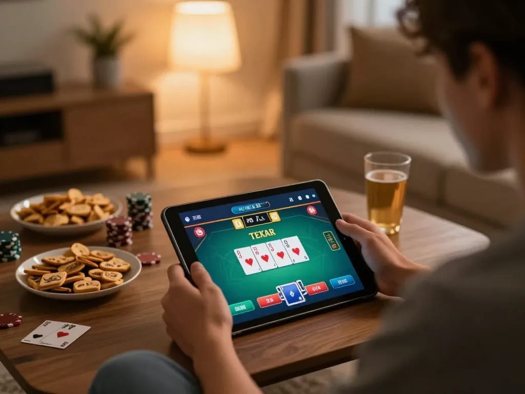 Player enjoying sunwinapk poker game on tablet in cozy home environment, emphasizing strategic gameplay.