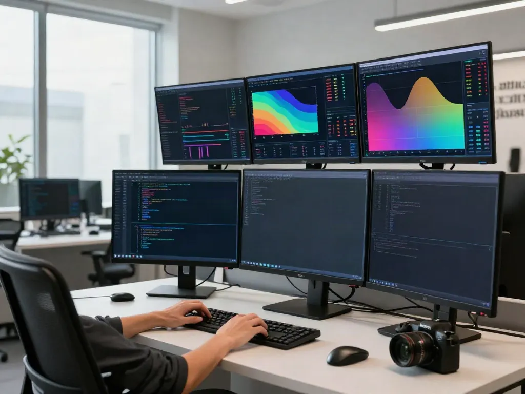 Professional trader using TradingView to analyze market trends on multiple screens in a bright office.