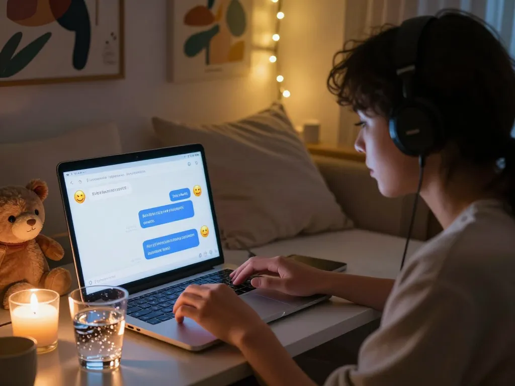 Interactive NSFW AI chat scene with a virtual character in a cozy setting.