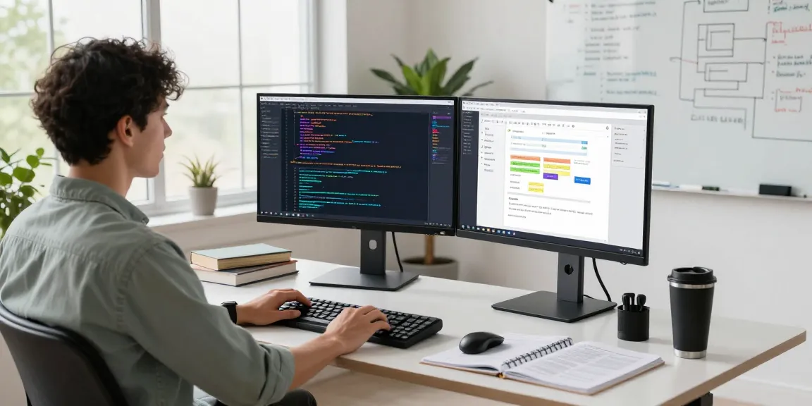 Software developer in a modern workspace coding with advanced tools and bright sunlight, focusing on cika4d applications.