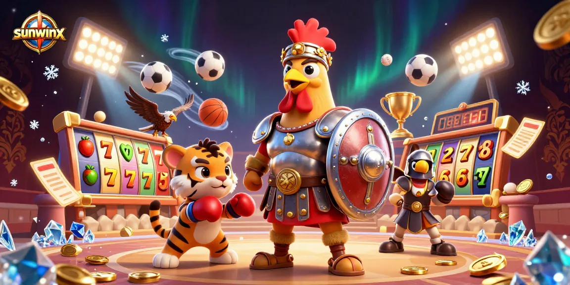 Engage with sunwinx in an exciting casino illustration featuring a gladiator rooster and vibrant gaming elements.