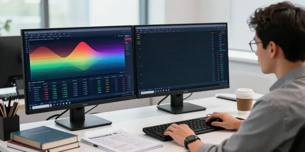 Trader using MetaTrader 5 on dual monitors in a bright office.