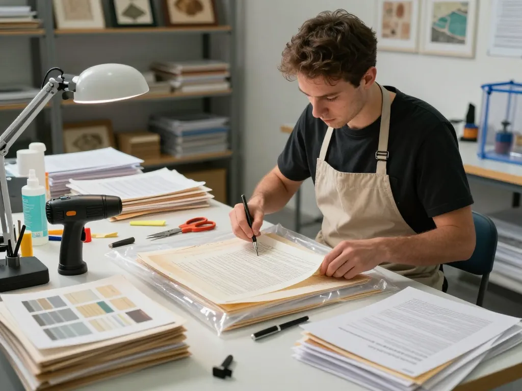 Bóc giấy ép uy tín hà nội: Skilled technician restoring documents using expert techniques in a modern workshop.
