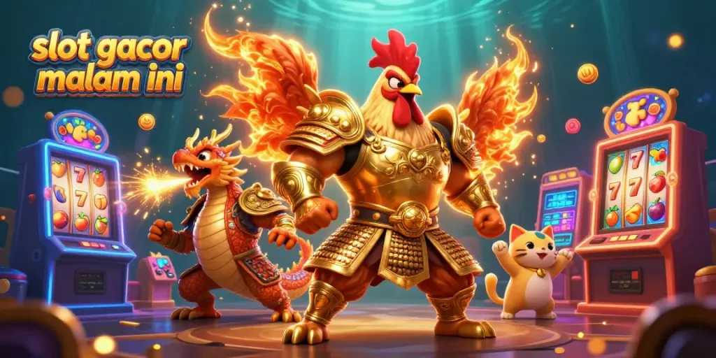 Menangkan slot gacor malam ini dengan ilustrasi 3D kartun berwarna, menunjukkan karakter ayam jantan bersamaku naga yang member api.