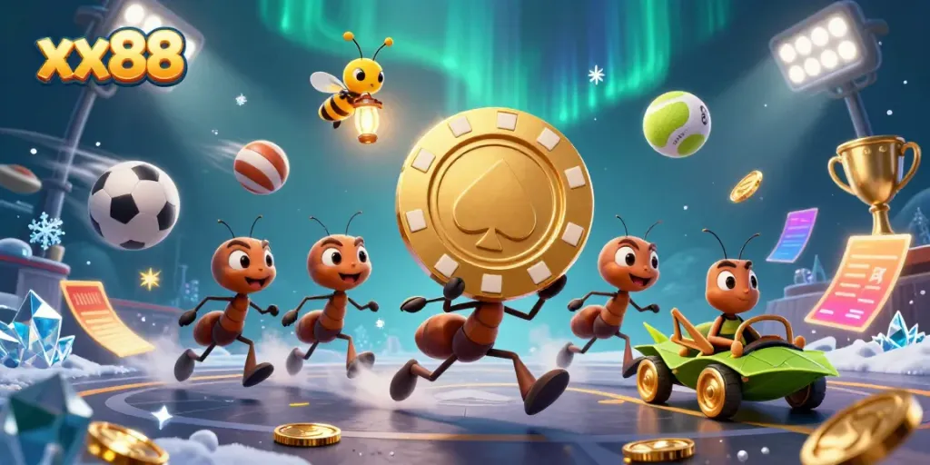 Engage with the xx88 gambling adventure as animated ants embark on a heist through a vibrant game scene.