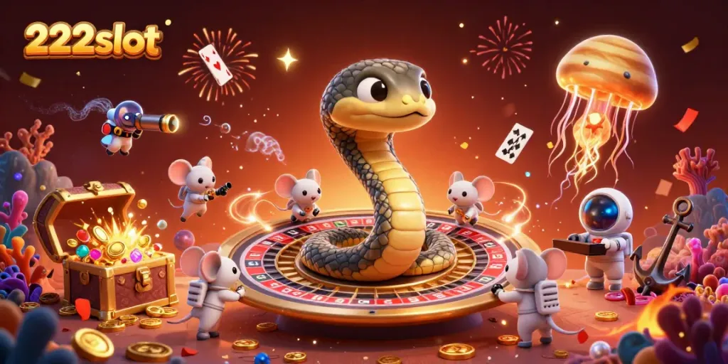 Gambaran animasi 3D slot dan kasino di luar angkasa dengan 222slot dan karakter yang menarik.