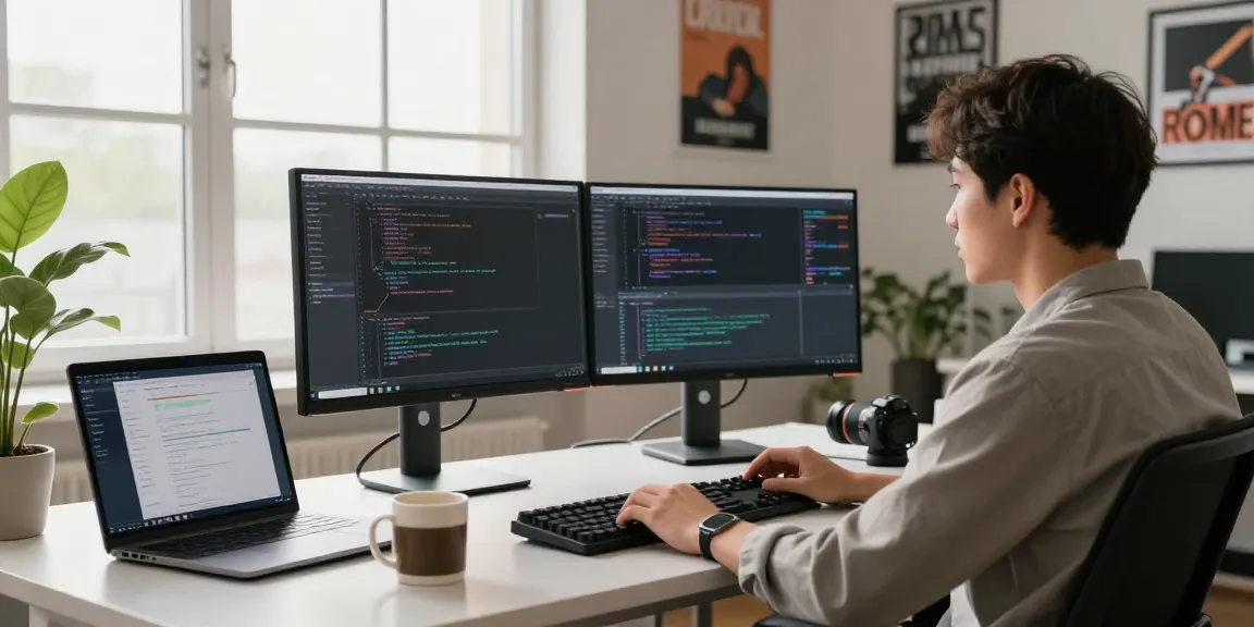 Developer coding cika4d applications in modern workspace with dual monitors