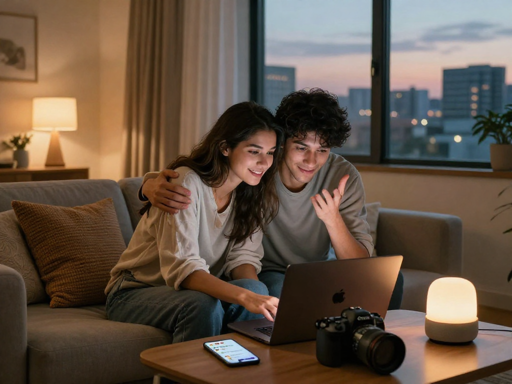Young couple enjoying an intimate moment engaging in a thoughtful sex AI chat via video call in a cozy setting.