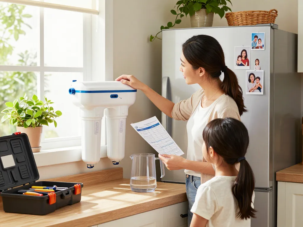 Preparing to install the Waterdrop Replacement for GE® RPWFE® water filter in a bright kitchen scene.