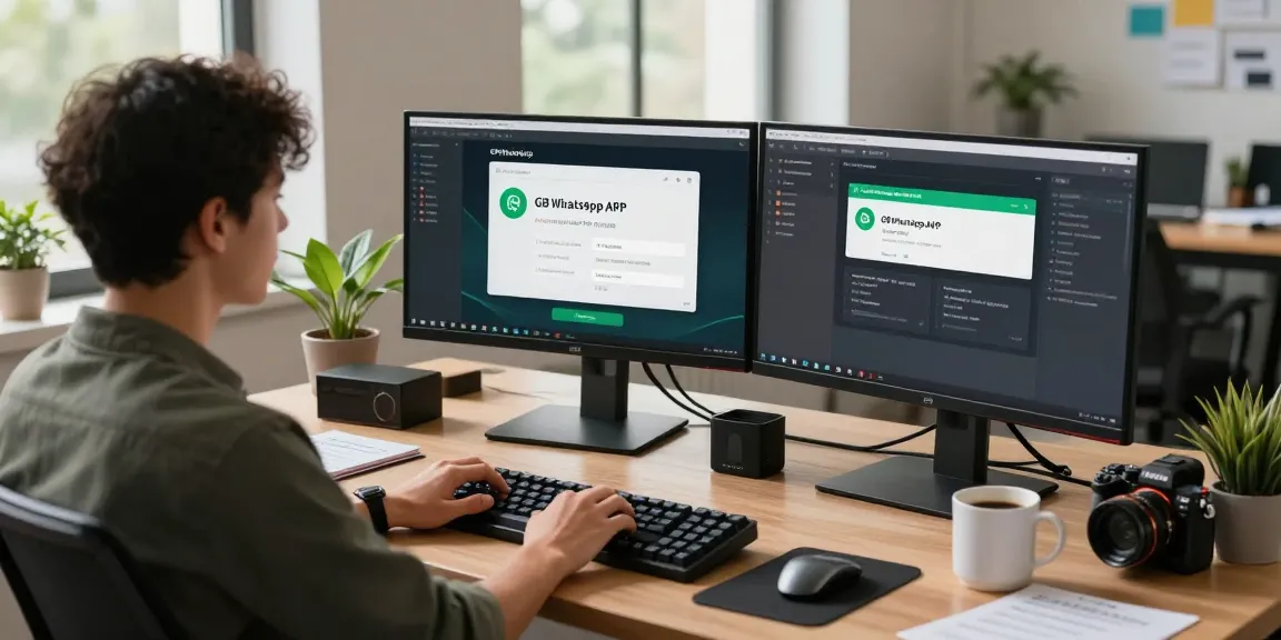 Developer using GB WhatsApp APK on multiple monitors in a modern workspace, showcasing app customization features.