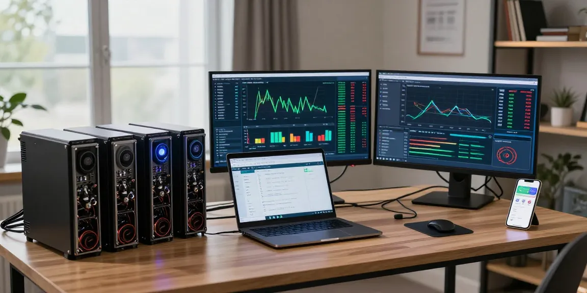 Mining crypto online in a secure professional environment with multiple screens showing blockchain analytics and real-time performance.