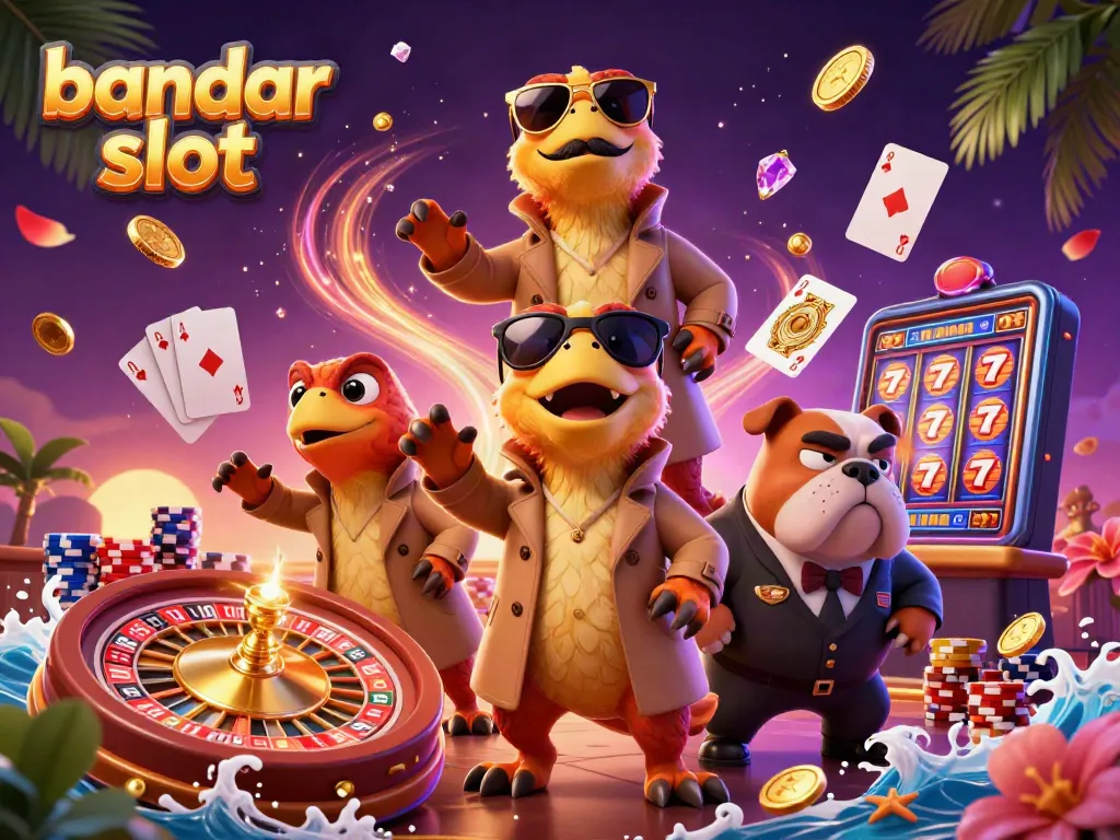 Experience excitement at bandar slot with playful raptors in a trench coat entering a casino.