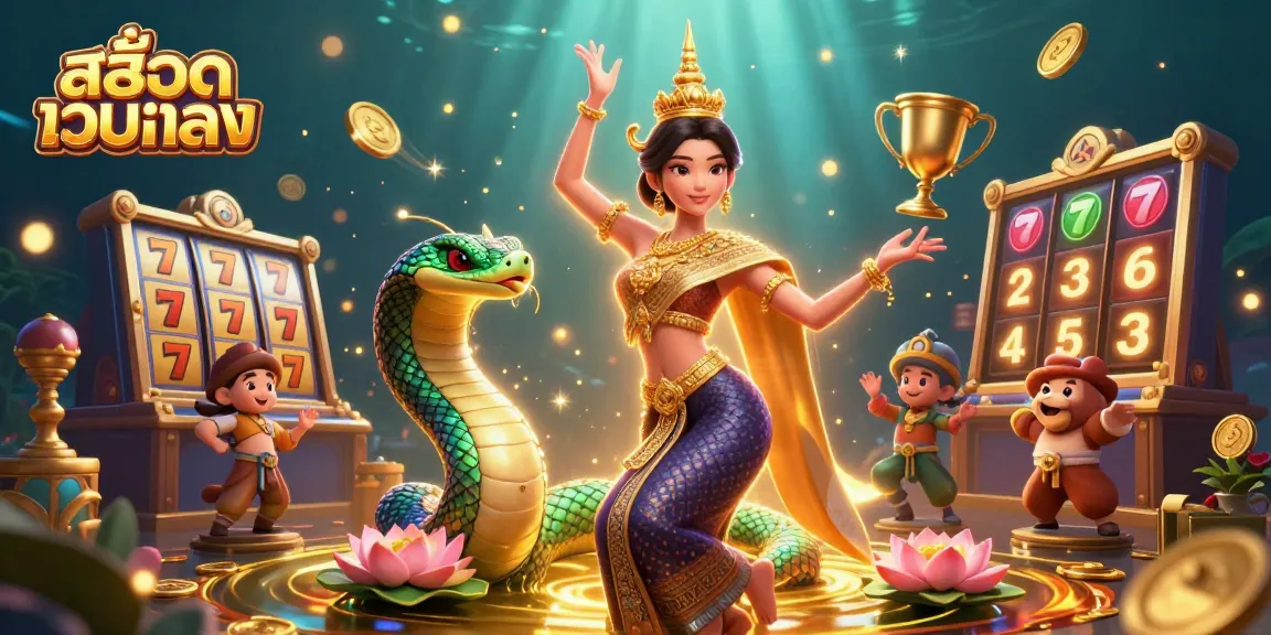 Engage with สล็อตเว็บตรง in a vibrant scene featuring a Thai dancer, Naga serpent, and slot symbols.