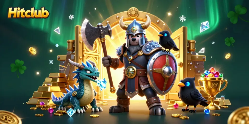 Engage with Hitclub's thrilling adventures featuring a Viking warrior, dragon, and treasures in a vibrant casino realm.