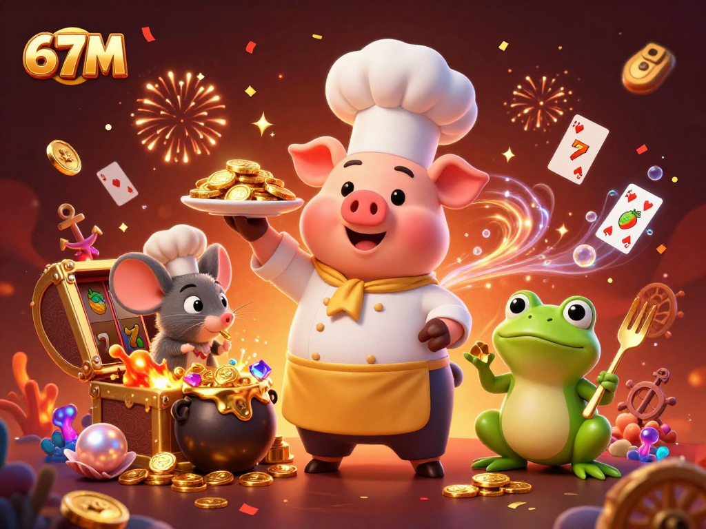 O chef porquinho 67M impressiona com moedas de ouro entre cartas e símbolos de caça-níqueis.