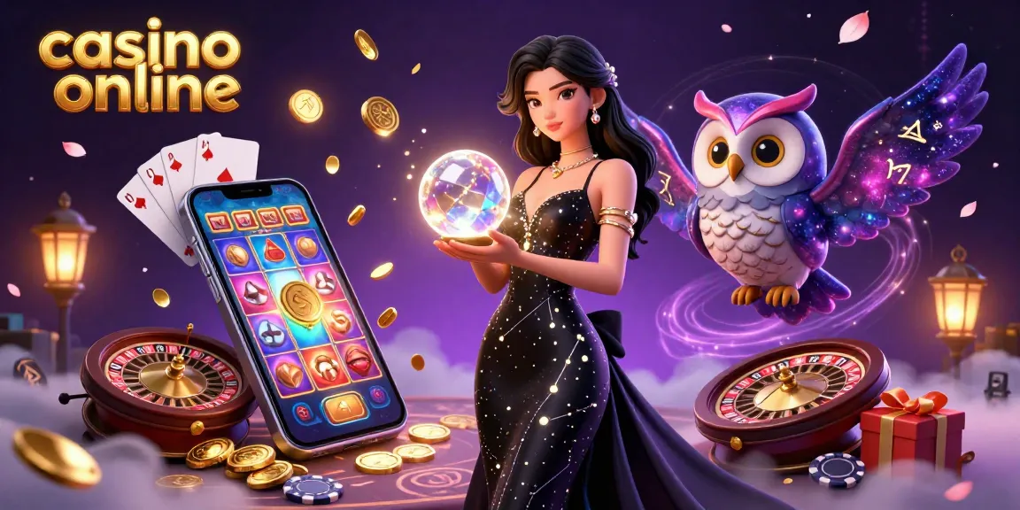 Vivez des sensations fortes de casino en ligne avec une magnifique femme en robe noire, une boule de cristal lumineuse et des éléments magiques.
