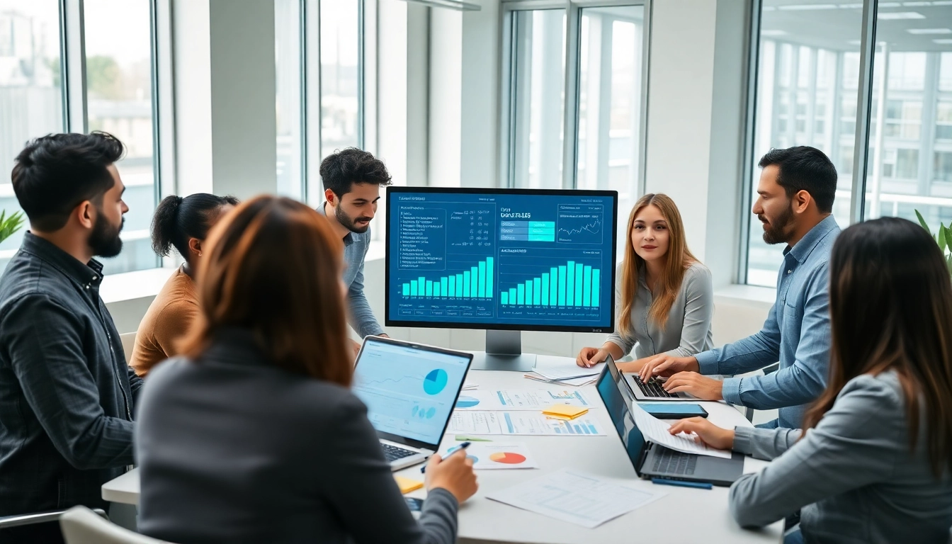 Visual representation of a Content Gap Analysis team engaged in collaboration, showcasing data charts and analytics.