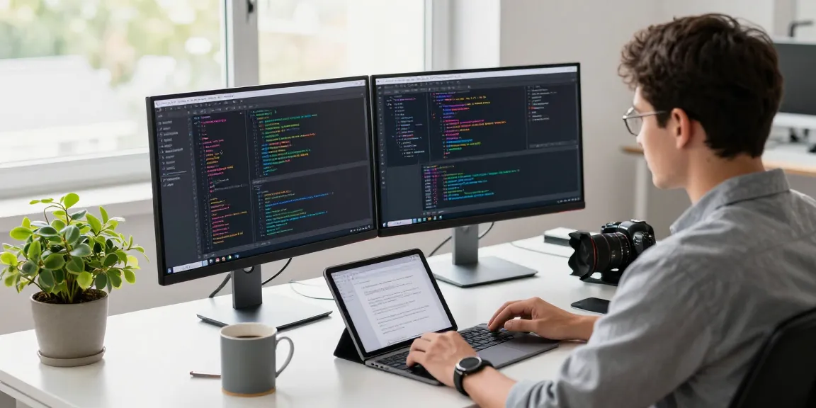 Developer coding on dual monitors for 纸飞机中文版 in a bright tech workspace.