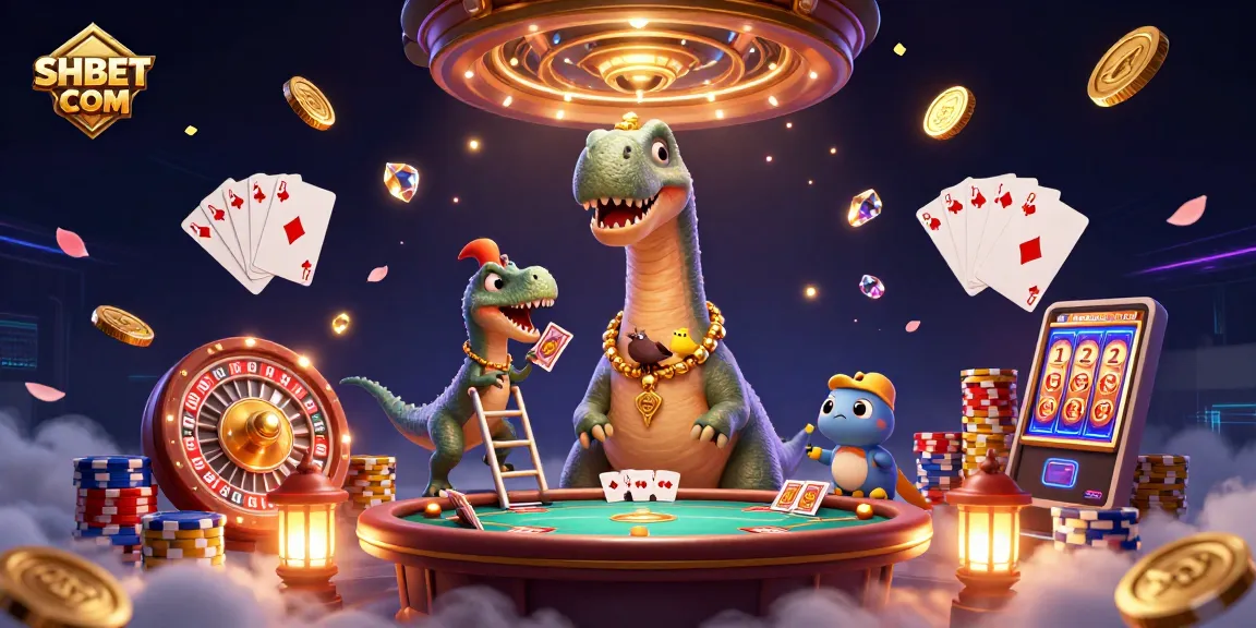 Experience winning excitement with SHBET COM in a vibrant casino scene featuring playful dinosaurs.
