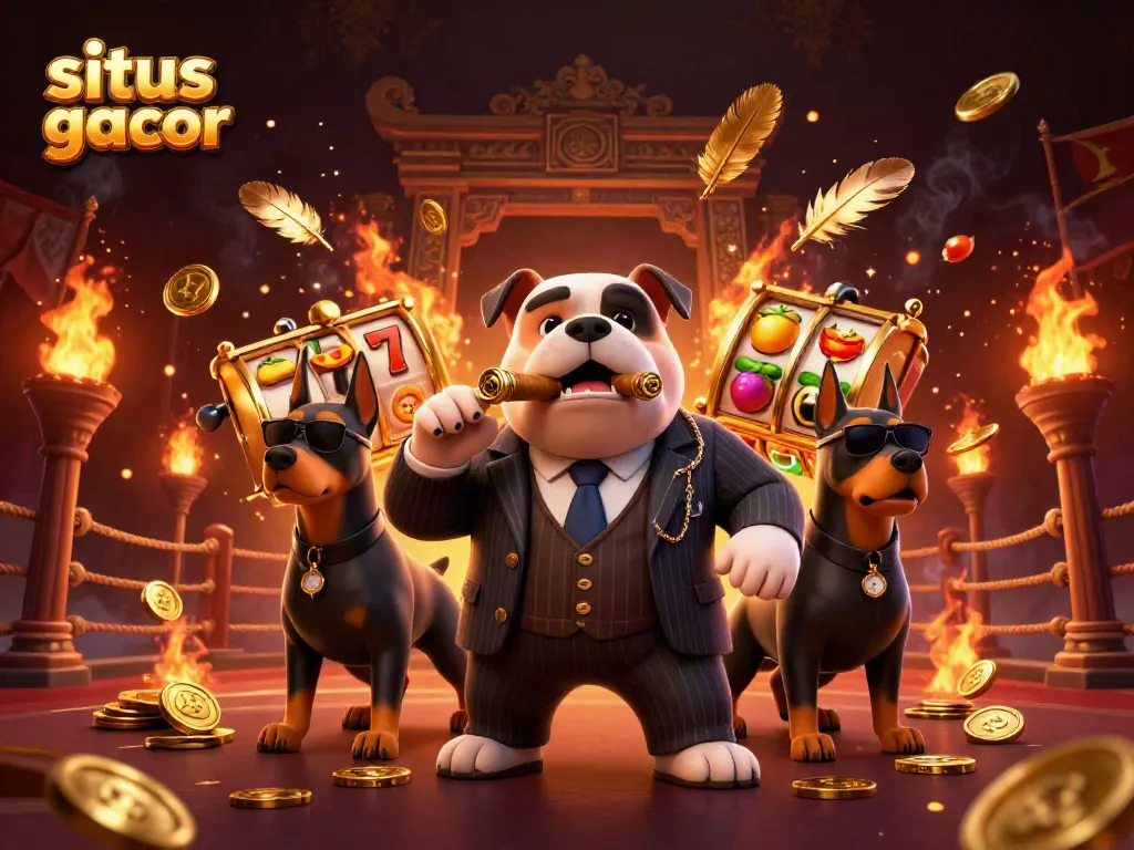 Gambal di situs slot gacor dengan karakter kejam, slot berputar, dan banyak koin emas.
