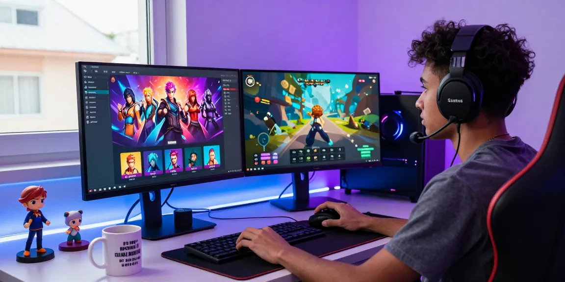 Engaged gamer exploring characters in the status app from a vibrant modern gaming setup