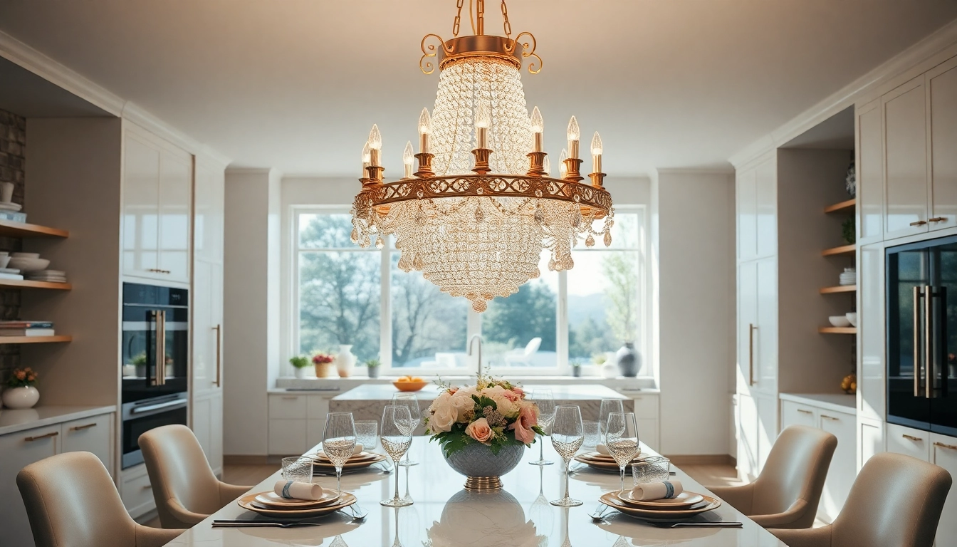 Illuminate your kitchen with a stunning island chandelier featuring elegant crystal designs.