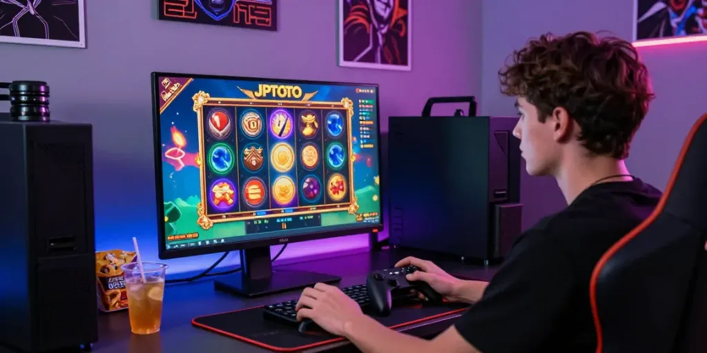 Pengalaman bermain di situs jptoto, dengan gamer asyik bermain mesin slot berwarna-warni di monitor, suasana gaming yang menyenangkan.