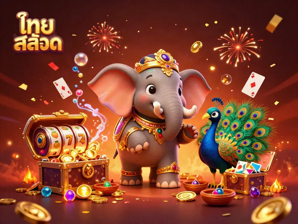 Engage with ไทย สล็อต in an energetic 3D illustration featuring vibrant colors, slot reels, and dynamic elements.